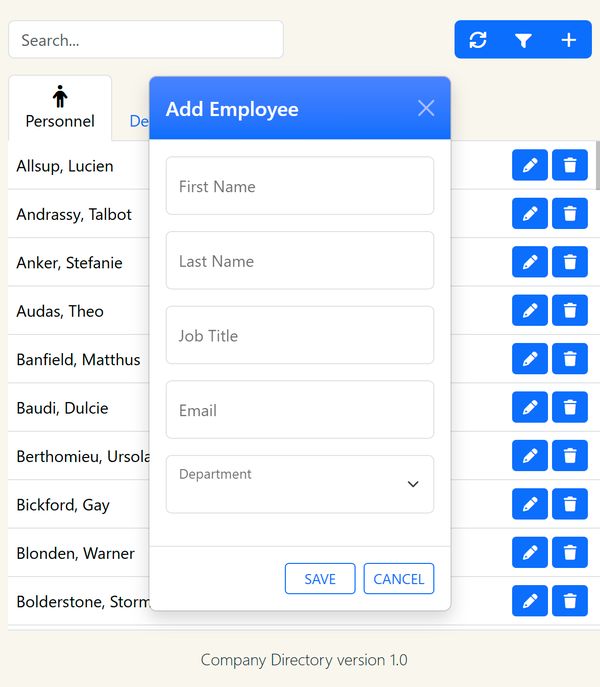 Company Directory app showing the personnel list and Add Employee form