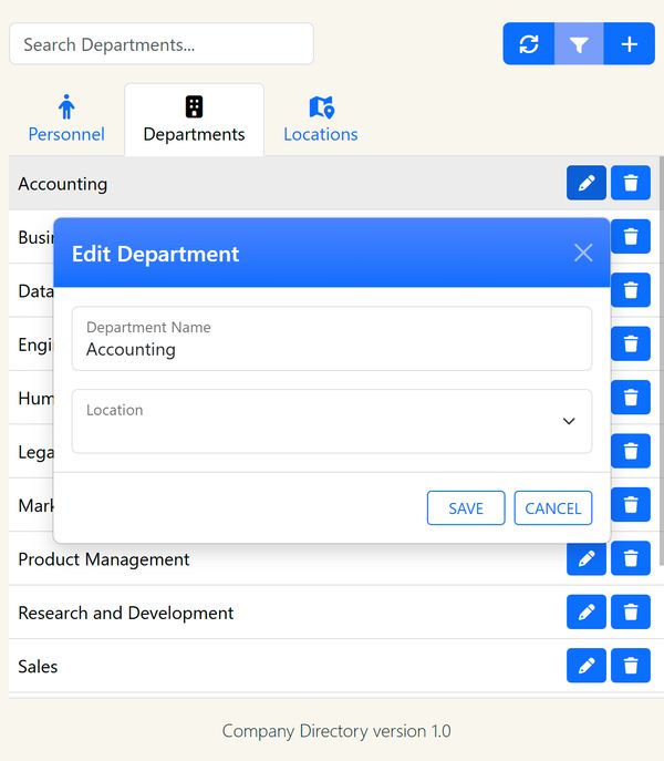 Company Directory: departments view